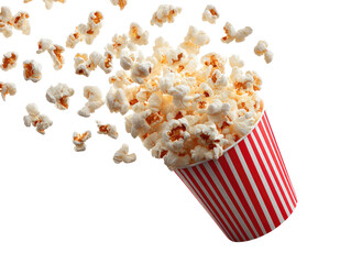 Overflowing red and white striped tub of popcorn exploding outwards