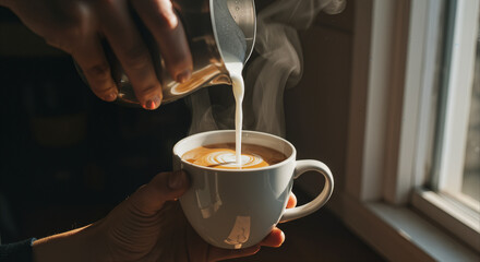 Person pouring warm milk into a steaming cup of coffee by a window.