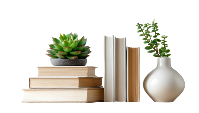 Stacked books, succulent, and vase with plant on shelf
