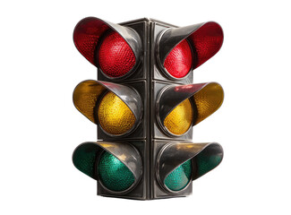 Vertical traffic signal with red, yellow, and green lights illuminated