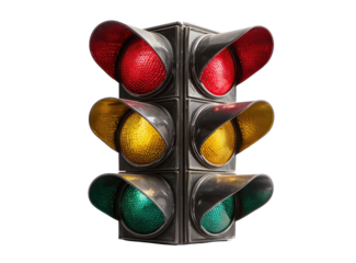 Vertical traffic signal with red, yellow, and green lights illuminated