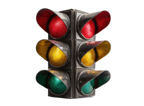 Vertical traffic signal with red, yellow, and green lights illuminated