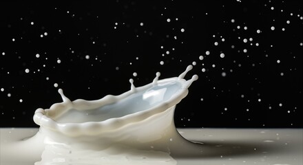 Milk Splash Crown Formation Against Black Background, Liquid Dynamics.