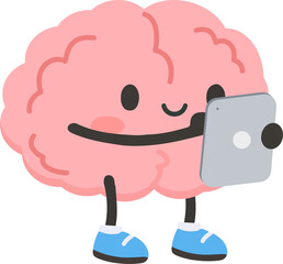 Brain Cartoon Character Holding a Tablet