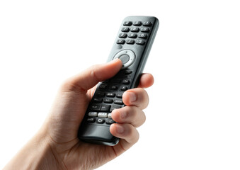 Hand holding a modern black remote control with many buttons