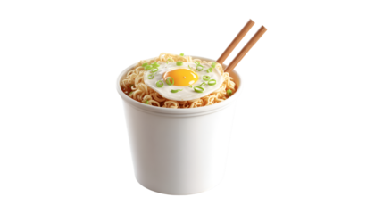 A steaming cup of instant ramen noodles is topped with a perfectly fried sunny side up egg and freshly chopped green onions ready to be eaten with chopsticks