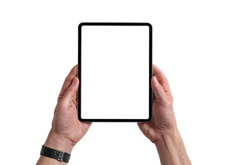 Person holding a modern digital tablet with a blank white screen