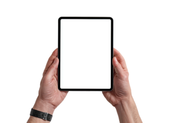 Person holding a modern digital tablet with a blank white screen