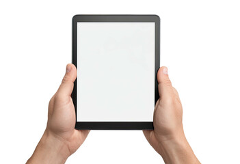 Hands holding a blank digital tablet on a black background