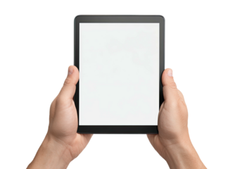 Hands holding a blank digital tablet on a black background