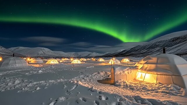 Stunning Aurora Borealis over a winter wonderland with glowing igloos and snow-covered mountains at night.
