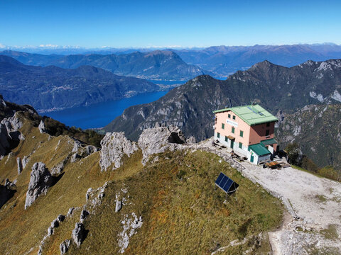 Aerial view of the Rosalba refuge on the slopes of Grigna Meridionale and the surrounding landscape
