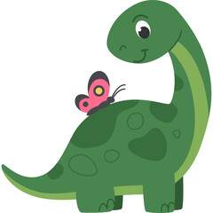 Cute Green Dinosaur with Pink Butterfly on its Back Adorable Cartoon Illustration Isolated on White Background