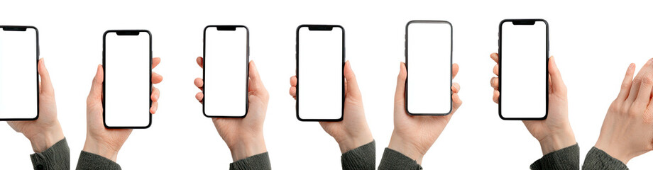 Multiple hands holding blank screen phones against a black background