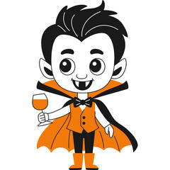 Cute Cartoon Vampire Character Wearing Orange Vest and Holding a Glass of Orange Drink with a Transparent Background