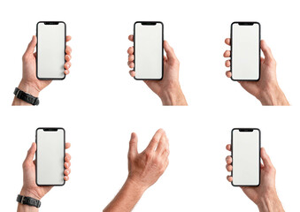 Multiple hands holding blank smartphones against a black backdrop