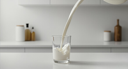 Fresh Milk Being Poured into a Clear Glass on a White Countertop.