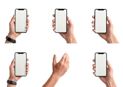 Multiple hands holding blank smartphones against a black backdrop