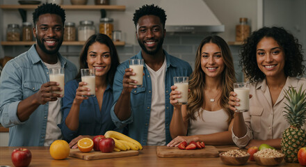 Friends Enjoying Healthy Smoothies Together in a Bright Kitchen.