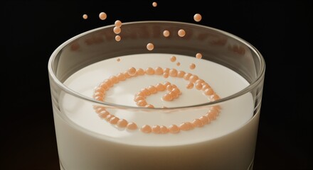 Elegant pearl beads splashing into a glass of white milk creating a beautiful spiral pattern.