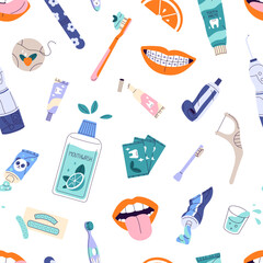 Repeatable pattern of tools for oral hygiene and dental health. Endless background of accessories for caring about tooth. Dentistry and stomatology equipment. Flat seamless vector illustration