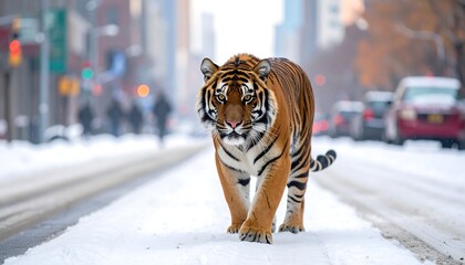 A tiger confidently strides through a snow-covered city street, background of blurred people and vehicles