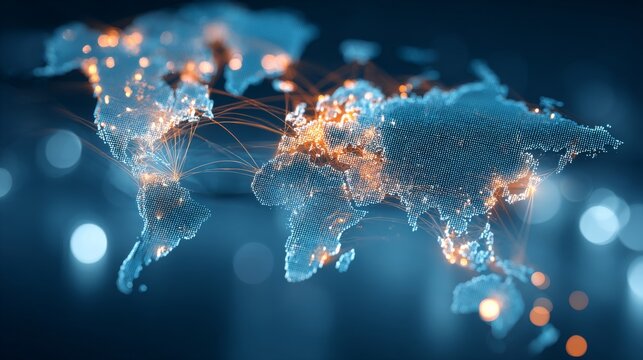 Global network connection map, digital world with glowing cities