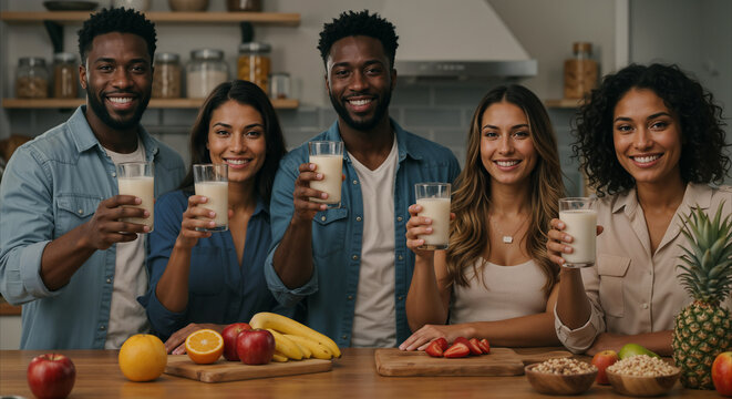 Friends Enjoying Healthy Smoothies Together in a Bright Kitchen.
