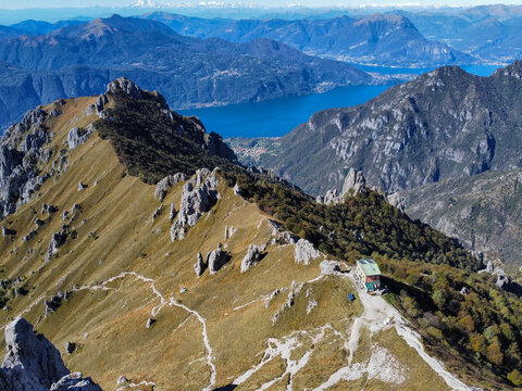 Aerial view of the Rosalba refuge on the slopes of Grigna Meridionale and the surrounding landscape