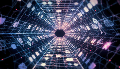 Abstract digital tunnel with glowing geometric shapes and lines converging towards a central hexagon, creating a sense of depth and futuristic technology.