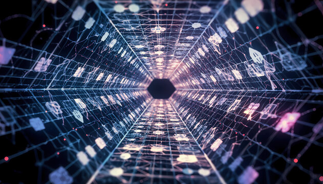 Abstract digital tunnel with glowing geometric shapes and lines converging towards a central hexagon, creating a sense of depth and futuristic technology. - Powered by Adobe