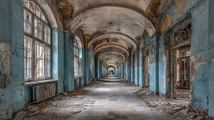 Fototapeta premium Abandoned Corridor, Creepy Interior with Blue Walls and Broken Windows