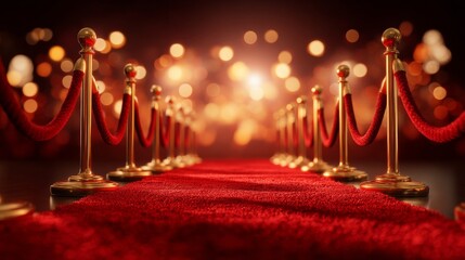 Elegant red carpet event entrance with golden stanchions and bokeh lights