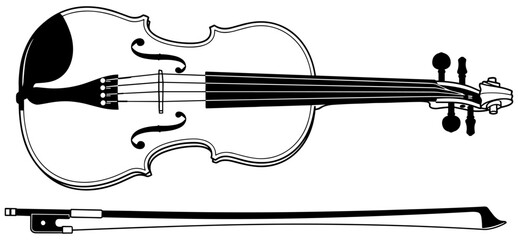 Violin and bow illustration, black and white top-down vector showing detailed classical instrument parts for music education and design © MSTShahanaz