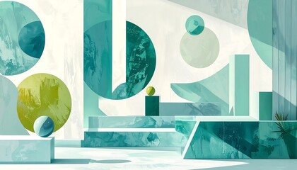 Abstract arrangement with circular & rectangular objects, green-blue shades, marble-like texture, and light background
