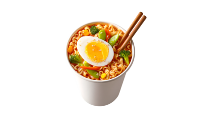 A cup of instant ramen noodles is topped with a hard-boiled egg fresh vegetables and sesame seeds with a pair of chopsticks ready for a quick meal