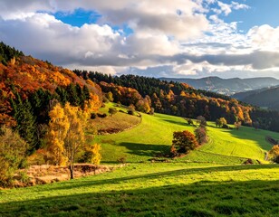 Obraz premium Vivid autumn landscape with rolling green hills, colorful trees, and a bright sky