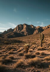 A vast, sun-baked landscape with rugged mountains and a lone saguaro cactus, evoking the spirit of the untamed frontier ,iconic ,dryland ,hot