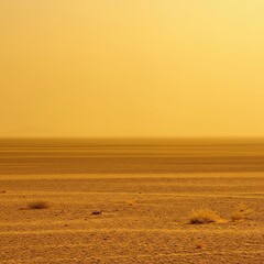 A vast, sun-baked, arid landscape stretches endlessly under a hazy, golden sky, conveying a sense of extreme warmth and desolation ,natural ,sunlight ,desolate