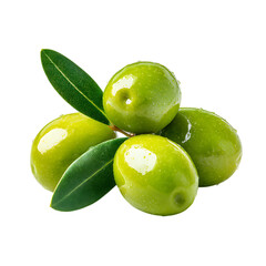 Obraz premium Ripe green olives with leaves, healthy food.