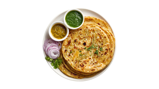 A savory stack of golden brown paratha garnished with herbs served with two chutneys and sliced red onion on a white plate
