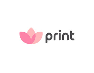 This elegant logo image depicts stylized floral shapes in soft pink hues, representing beauty and creativity in the context of print marketing and design.