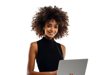 Confident young woman using laptop, tech savvy, remote work, or online business.