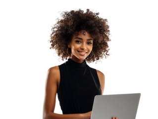 Confident young woman using laptop, tech savvy, remote work, or online business.