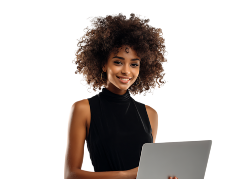 Confident young woman using laptop, tech savvy, remote work, or online business.
