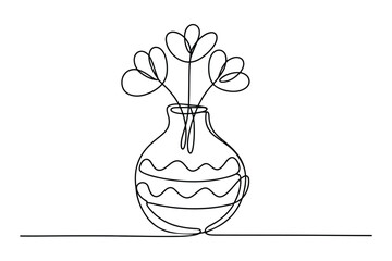 Continuous line illustration shows blooming flowers standing inside vase displaying simplicity on a transparent background