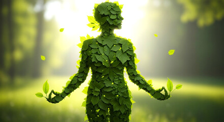 Harmony of the Green Soul: A serene figure, intricately adorned with lush green foliage, stands in the heart of a sun-drenched forest, embodying the unity between humanity and the environment. 