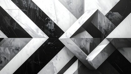 Abstract geometric pattern of black and white marble with 3D shapes creating dynamic, angled lines