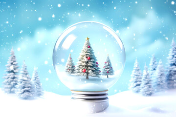 Christmas Snow Globe: A mesmerizing snow globe, encapsulating a festive Christmas scene, with charming pine trees delicately adorned amidst a gentle snowfall.