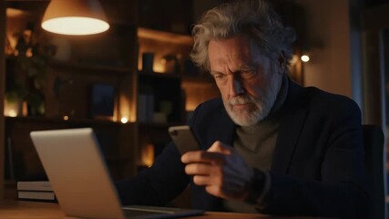Elderly man using smartphone in cozy home office - Powered by Adobe
